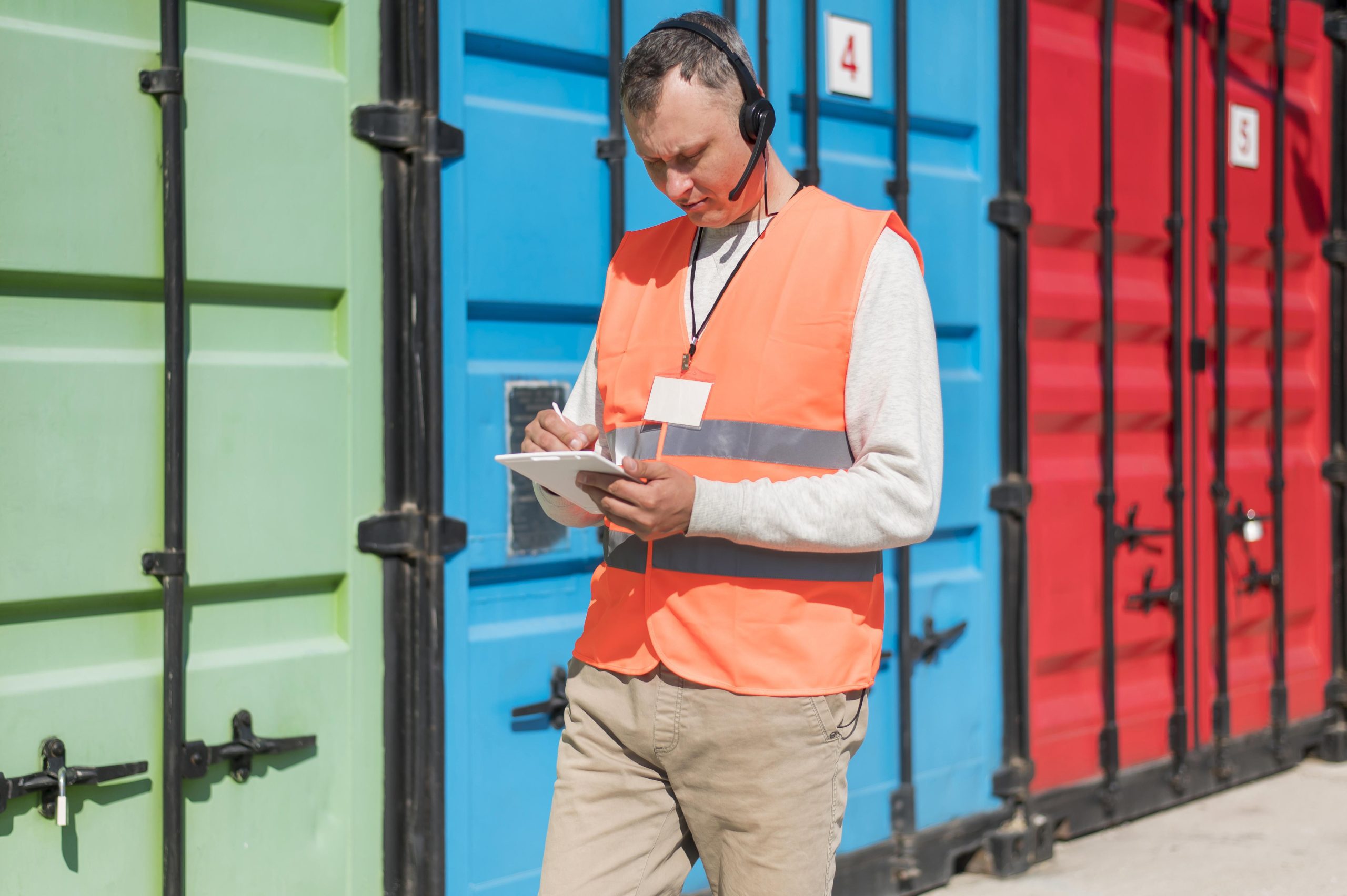 A person wearing a high-visibility orange vest with reflective stripes is holding a clipboard and writing on it with a pen. They are standing in front of large, colorful shipping containers, one green one blue, and the other one is red. The individual’s face is pixelated for privacy. This scene appears to be related to logistics or shipping industry operations, highlighting inventory management or inspection tasks.